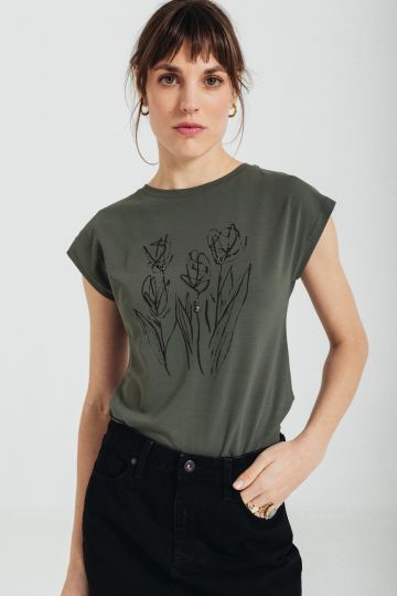 Maslinasto zelena majica sa printom ruža