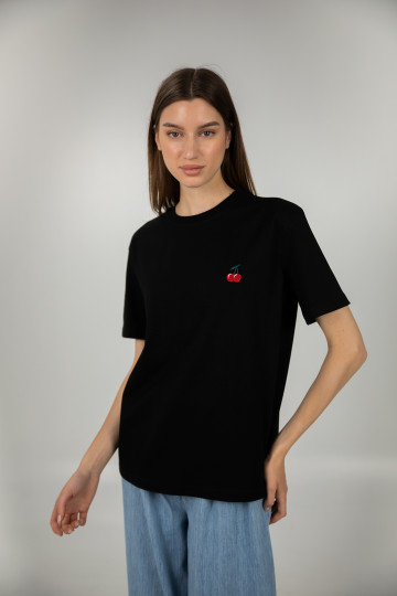 Crna pamučna majica sa sitnim cherry vezom